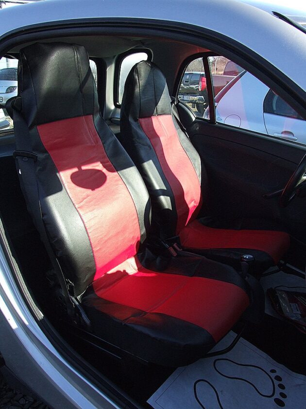по Модели 1+1 Калъфи за предни седалки, тапицерия за автомобил Smart Fortwo Смарт Форту, еко кожа червено-черно Joto Auto
